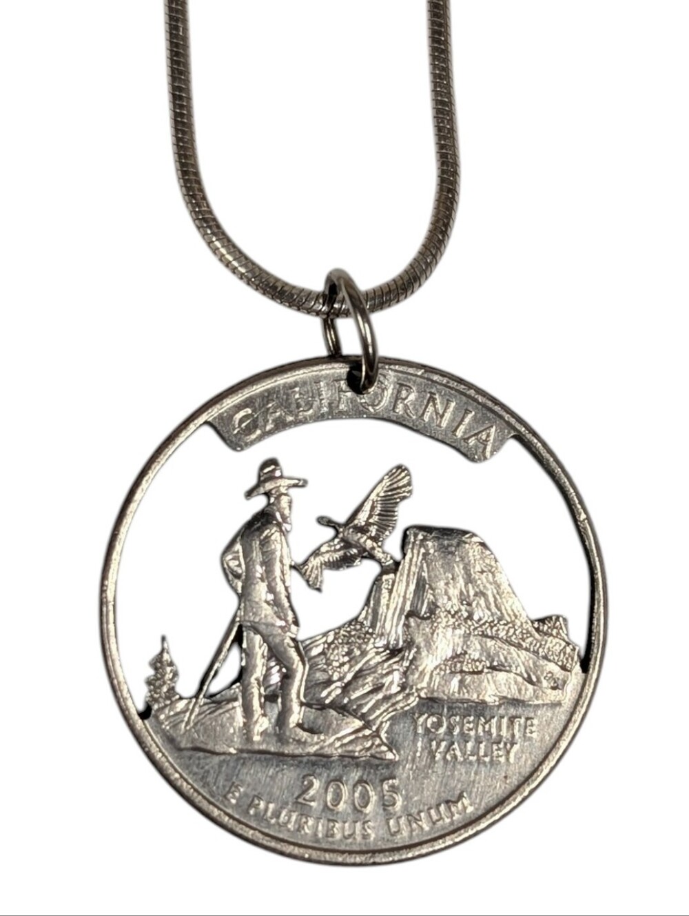 California Cut-Out Coin Quarter Yosemite Pendant Necklace - Silver Tone